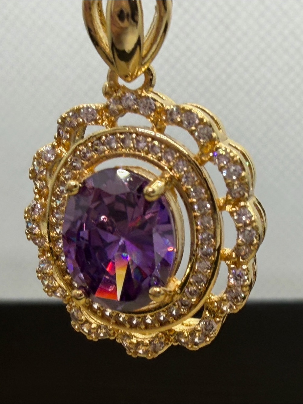 Gold Pendant Necklace with Purple Crystal Halo - Elegant Women's Jewelry